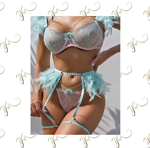 Baby blue & pink feather gold chain lingerie set1