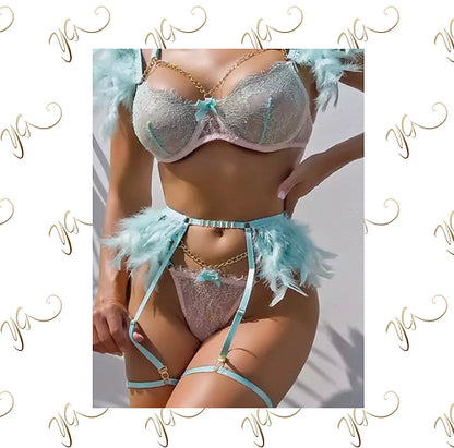 Baby blue & pink feather gold chain lingerie set1