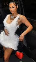 Furry Mini White Dress Hipster Spaghetti Strap Low Cut Backless Body-Shaping