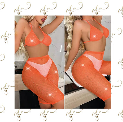 Orange diamanté fishnet  set