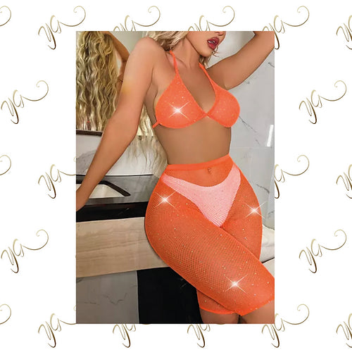 Orange diamanté fishnet  set2