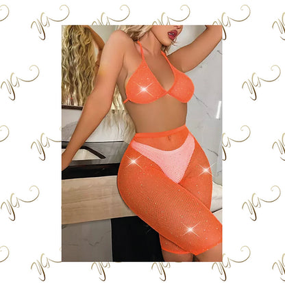 Orange diamanté fishnet  set2