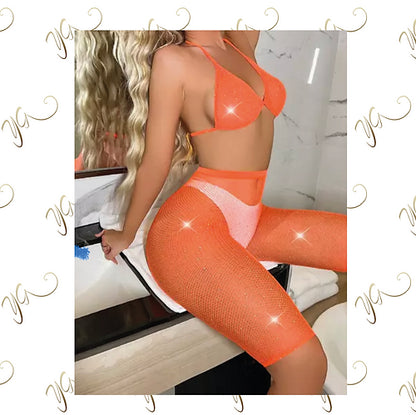 Orange diamanté fishnet  set1